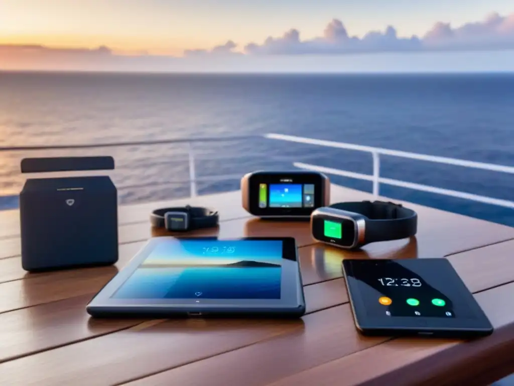 Una mesa de crucero moderna al atardecer con gadgets tecnológicos para cruceros, como smartwatches y altavoces Bluetooth