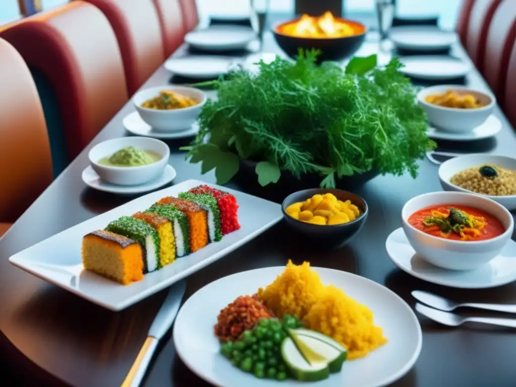 Una mesa de crucero moderna con menús veganos de todo el mundo: sushi, ensaladas, curries y tacos, lista para disfrutar