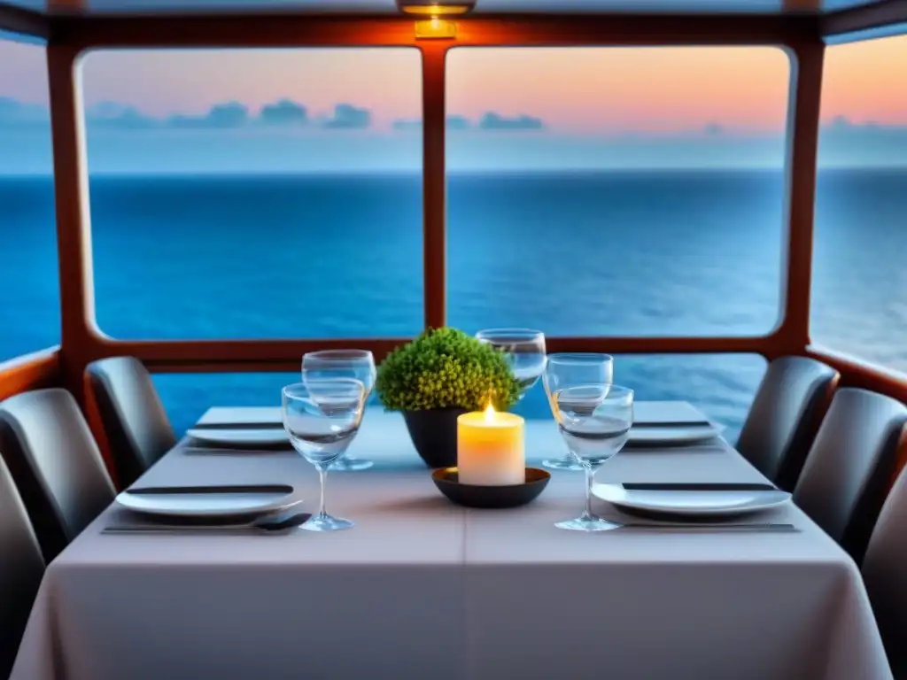 Una mesa elegantemente decorada en un crucero, con vista al mar