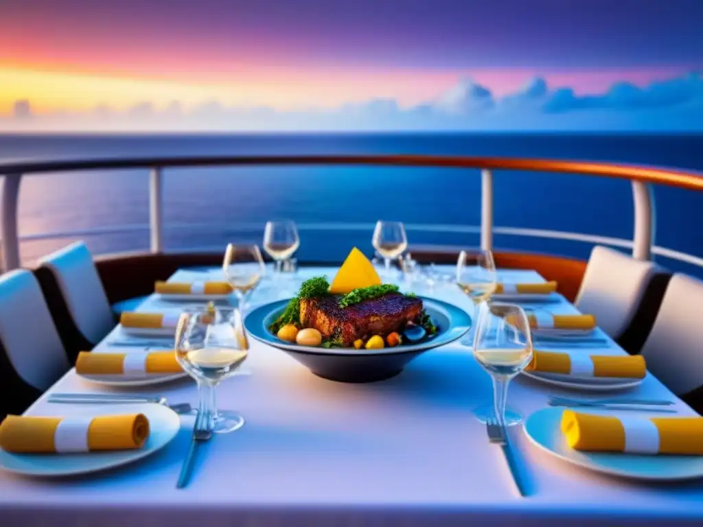 Una mesa elegantemente dispuesta en un lujoso crucero al atardecer, con plato de fusión en el centro