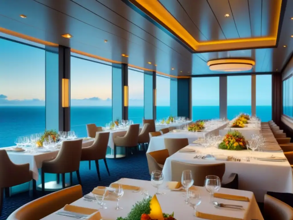 Una mesa elegante en un comedor de crucero con gastronomía local de diferentes puertos