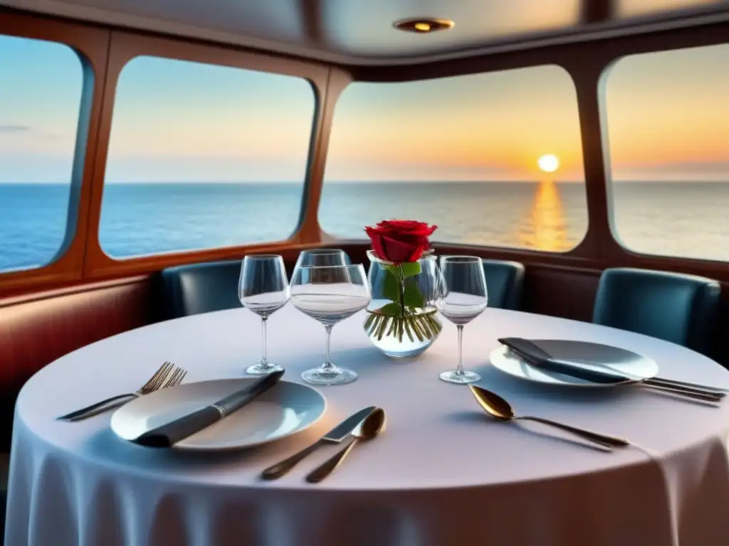 Una mesa elegante en un crucero al atardecer con mantel blanco, cubiertos brillantes y una rosa roja en un jarrón de cristal