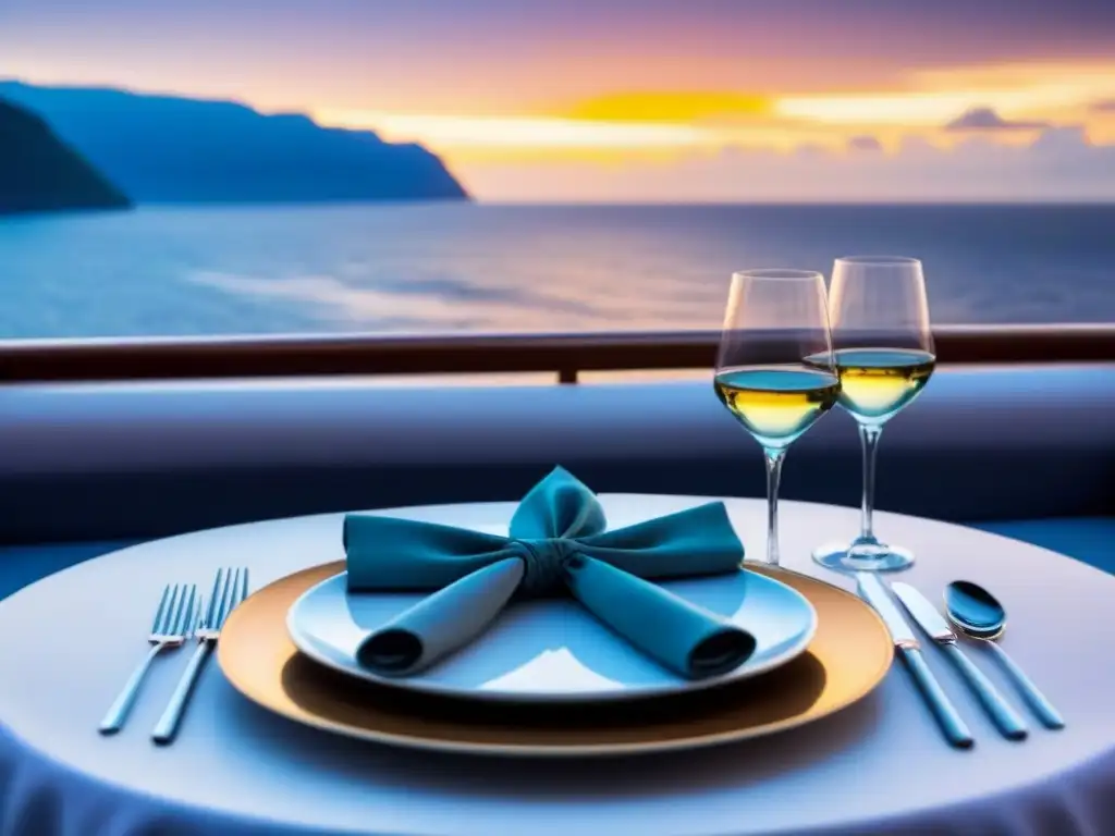 Una mesa elegante en un crucero al atardecer, con cubiertos y copas de cristal