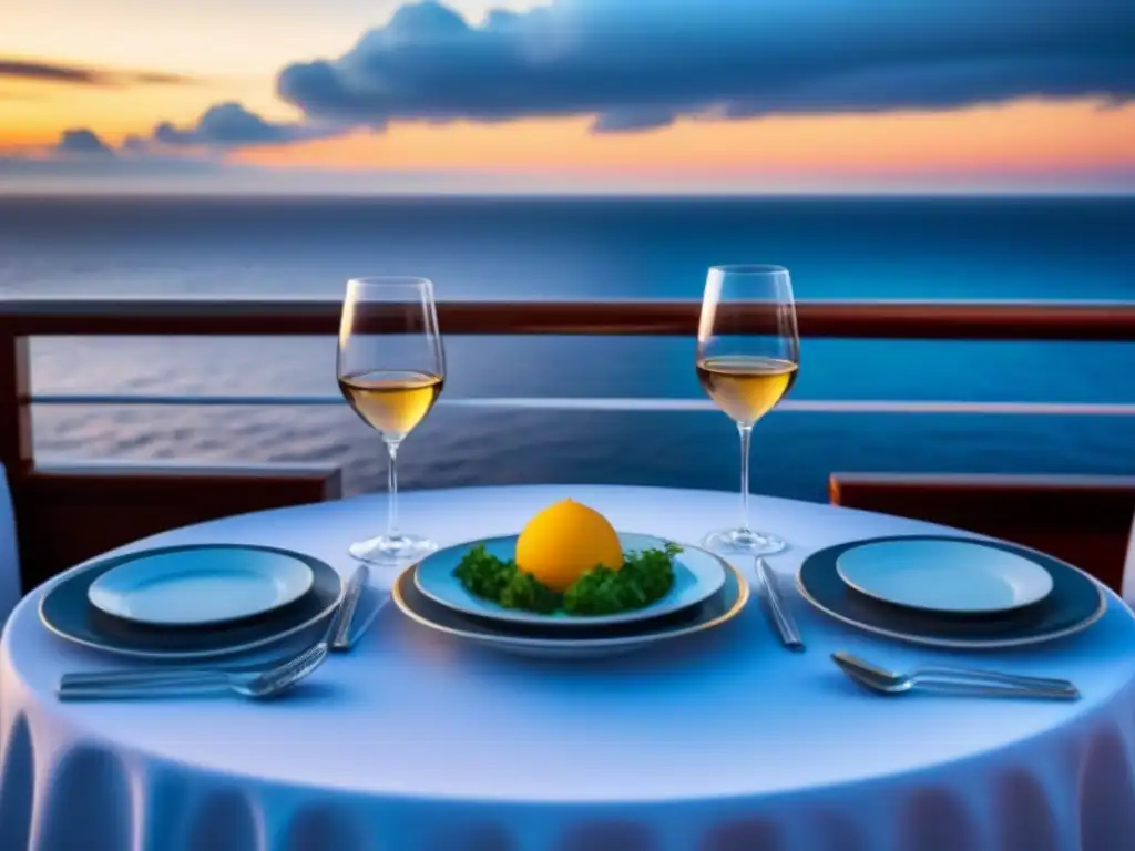 Una mesa elegante en un crucero al atardecer, con vinos para cena temática crucero