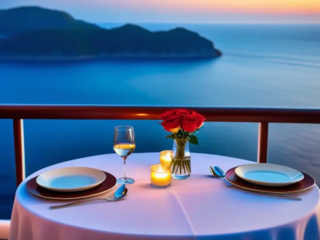 Una mesa elegante para dos en un crucero al atardecer, con vela encendida y vista al mar