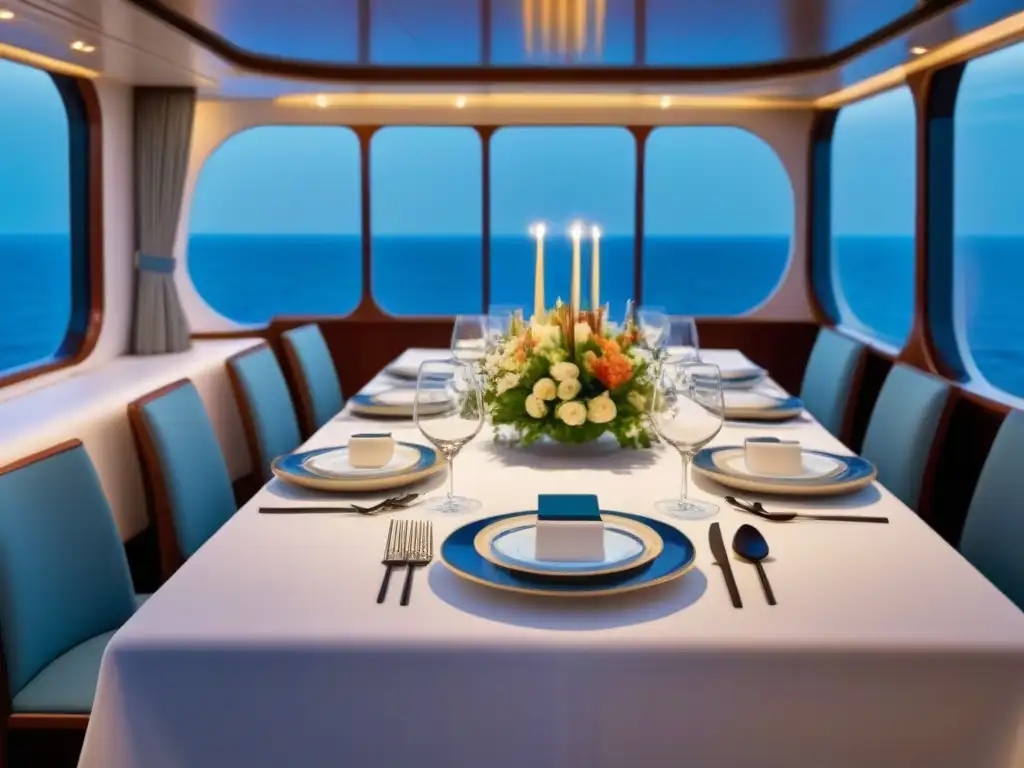 Una mesa elegante en crucero con cenas temáticas de todo el mundo, decorada con lujo y detalle, iluminada por velas