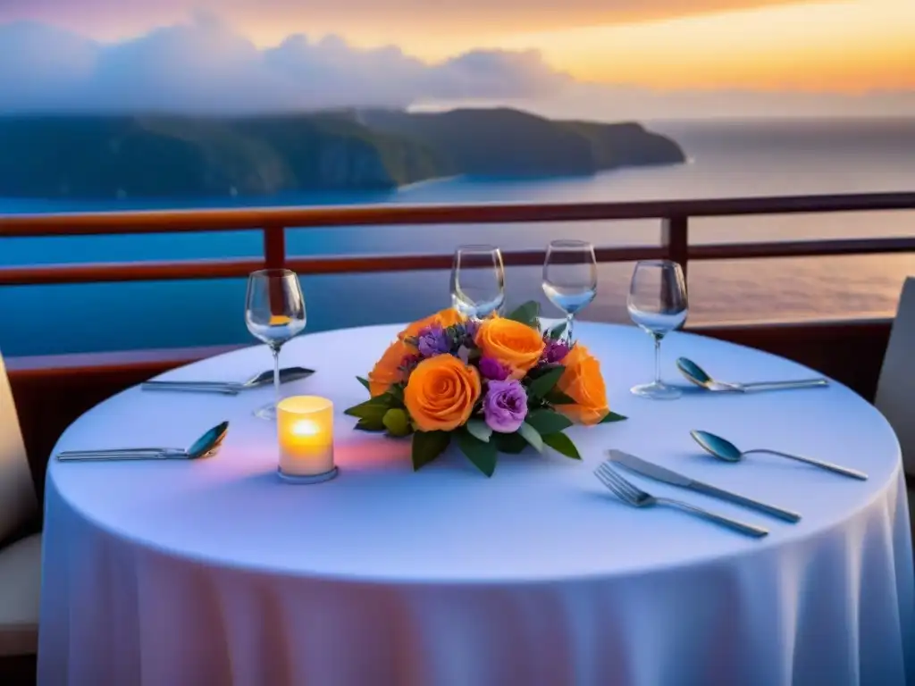 Una mesa elegante en un crucero con cenas temáticas, cubiertos delicados y vista al mar al atardecer