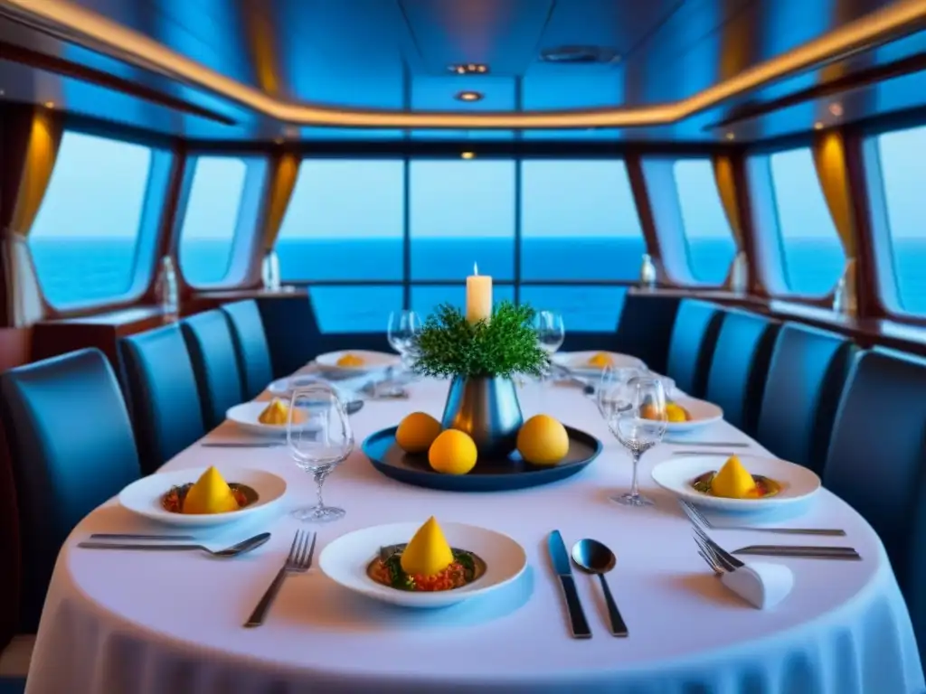 Una mesa elegante en un crucero con cenas temáticas, decoración náutica y luz suave, con vista al mar