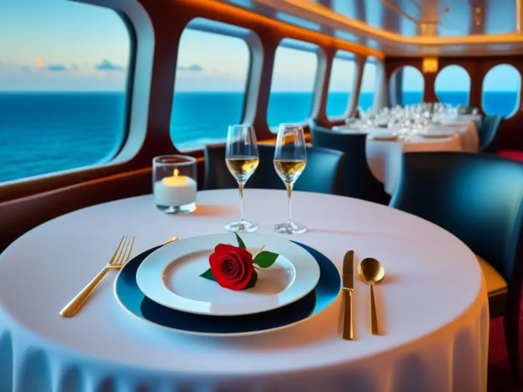 Una mesa elegante en un crucero, decorada con fina vajilla y una rosa roja