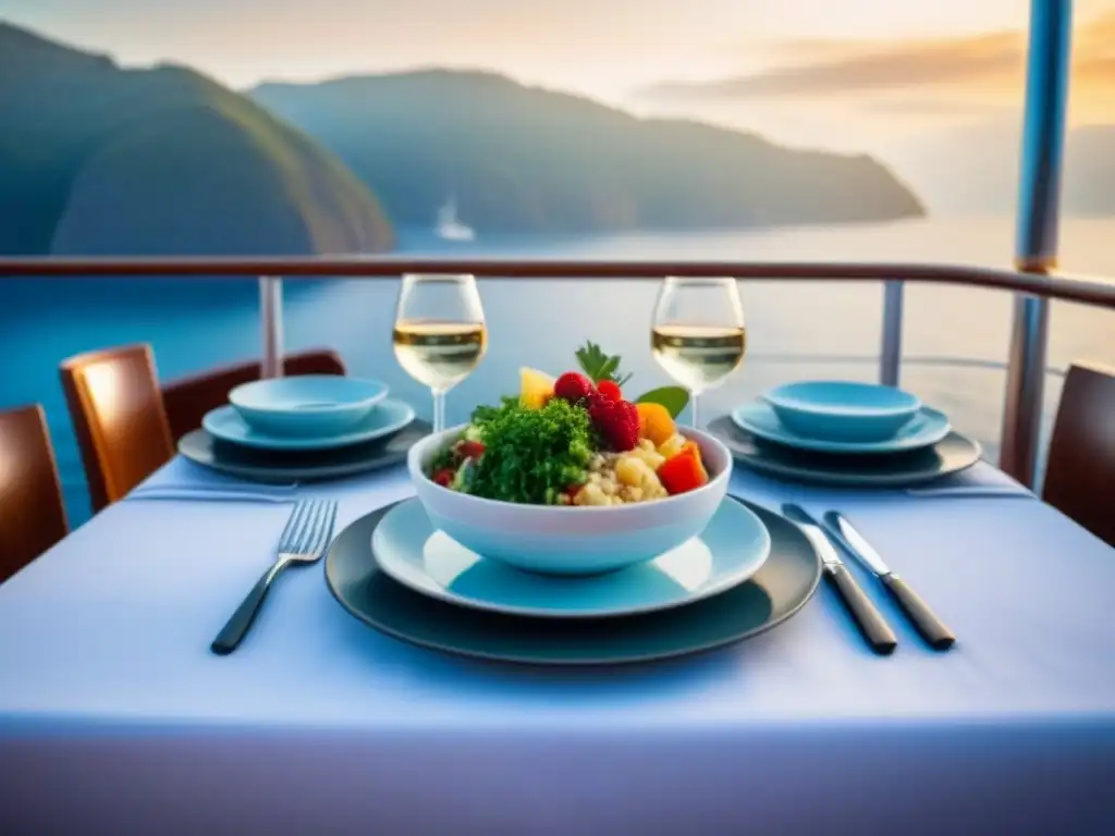 Una mesa elegante en un crucero con gastronomía sostenible y vista al mar