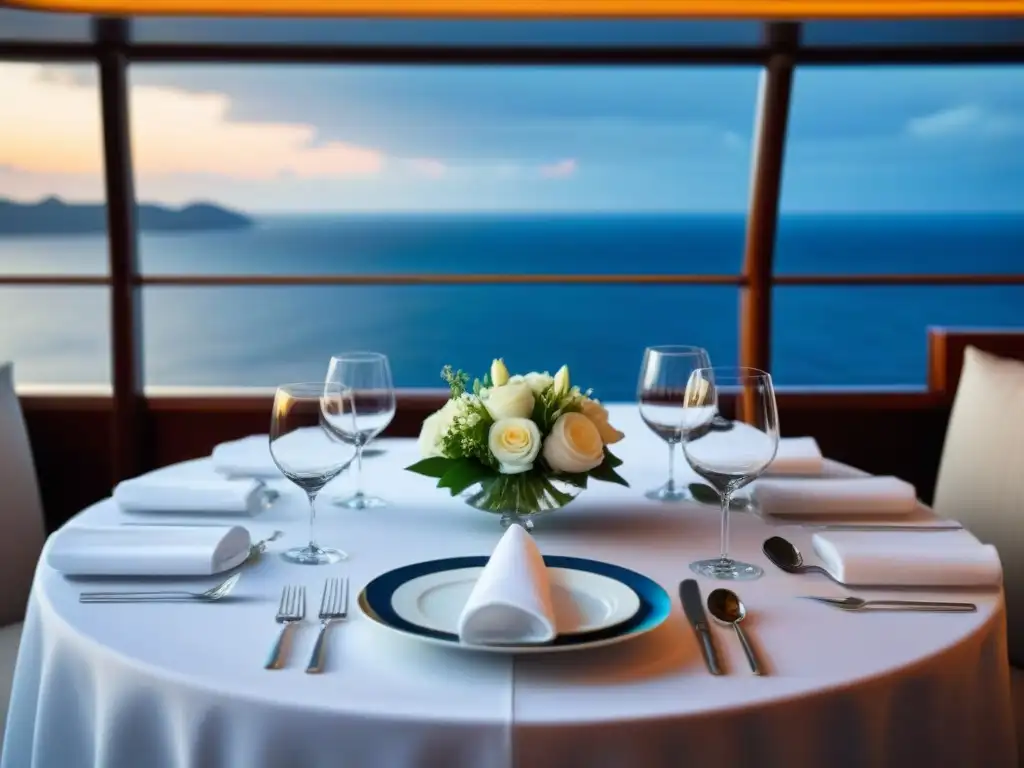 Una mesa elegante en un crucero de lujo con cenas temáticas, decorada con finos detalles y vista al mar