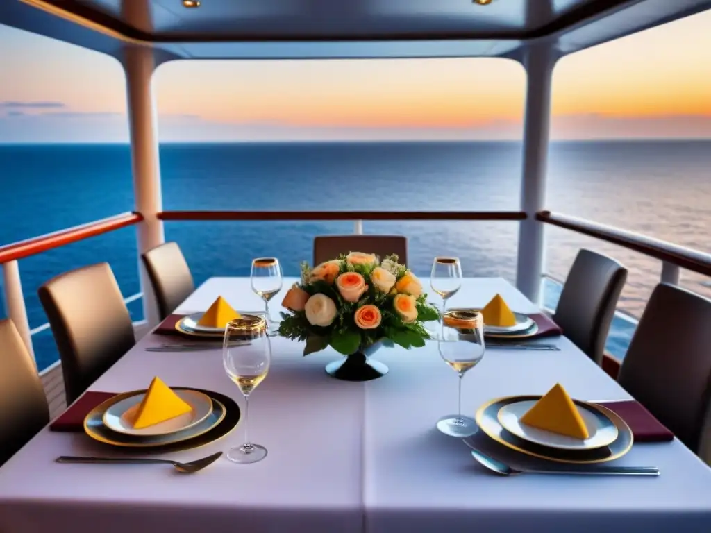 Una mesa elegante en un crucero de lujo con vajilla fina y decoración floral, frente al mar al atardecer