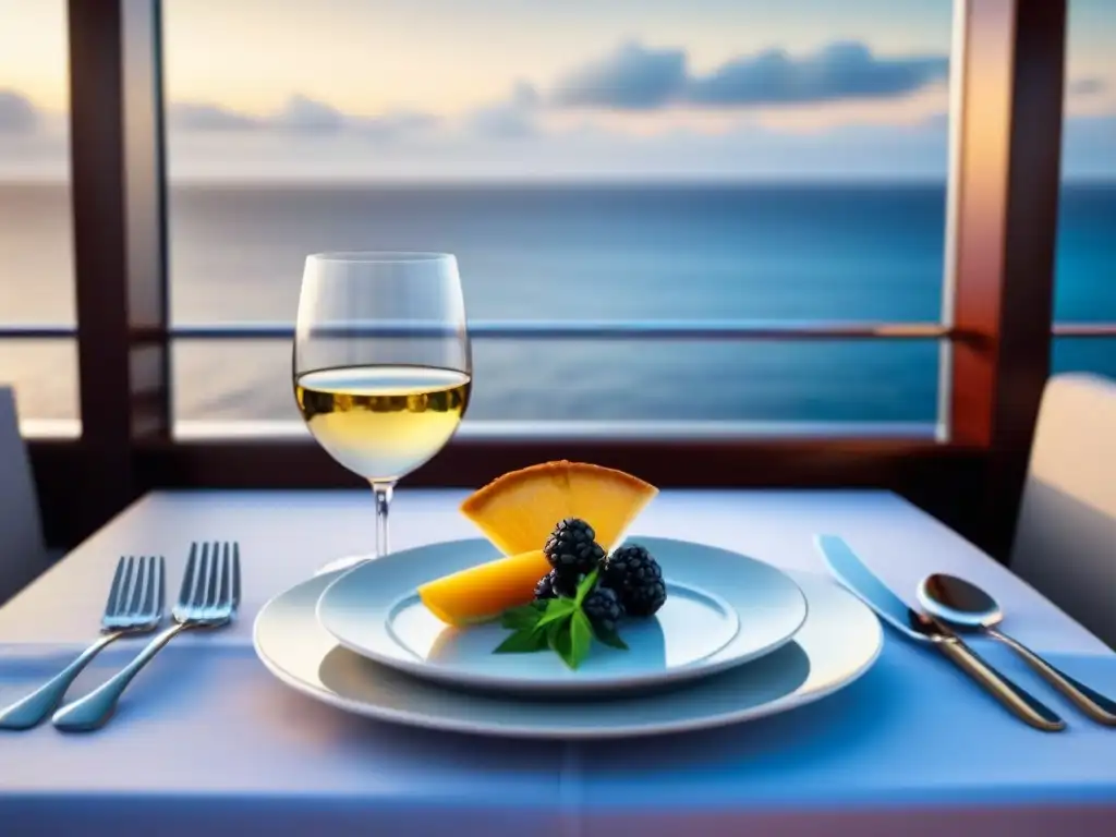 Una mesa elegante en un crucero de lujo, con copas de vino y platos internacionales, maridaje perfecto en alta mar