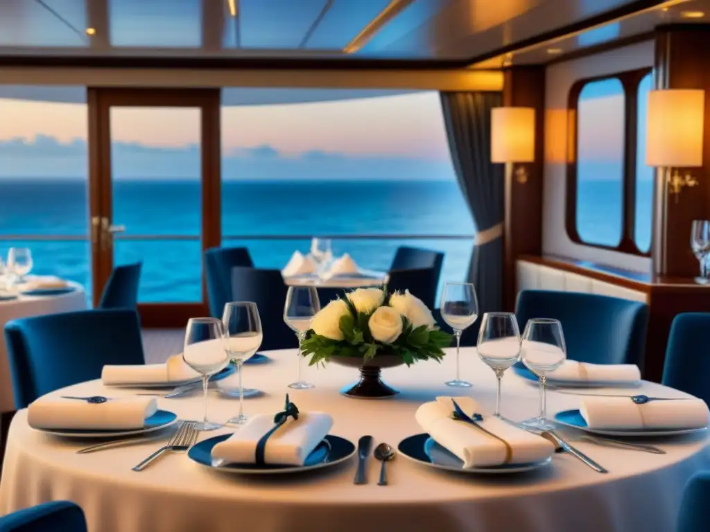 Una mesa elegante en un crucero de lujo, con vajilla fina, cristalería brillante y cubiertos, iluminada por velas