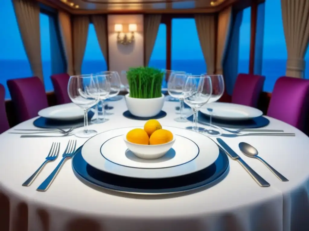 Exquisita mesa de lujo en crucero con menús personalizados y fina vajilla Una mesa elegante en un crucero de lujo con menús personalizados de alta cocina, vajilla fina y cristalería, iluminación ambiental