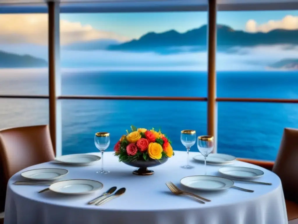 Una mesa elegante en crucero de lujo, con vajilla fina y vista al mar