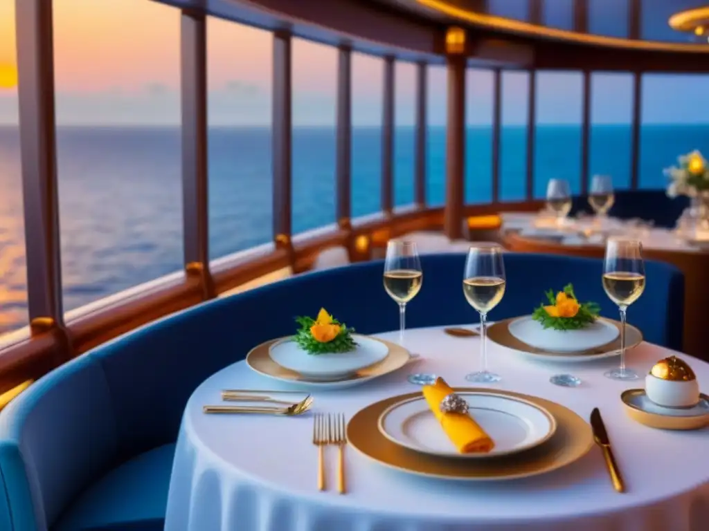 Una mesa elegante en un crucero de lujo con exquisita gastronomía asiática y vista al mar al atardecer