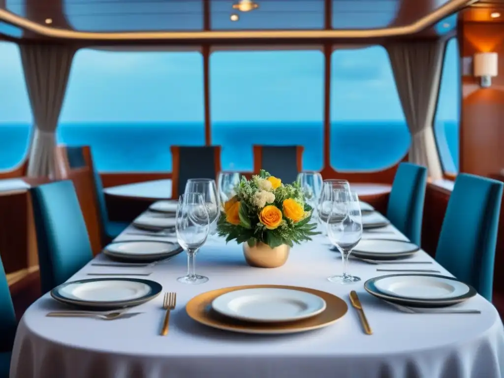 Una mesa elegante en un crucero marítimo, lista para cenas temáticas con vista al mar, decoración náutica y ambiente sofisticado