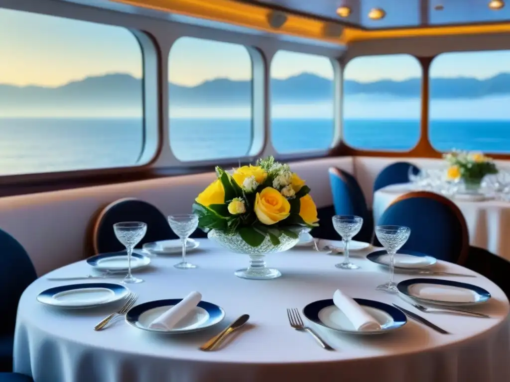 Una mesa elegante en un crucero con vajilla fina y vista al mar, evocando la sofisticación de las cenas de gala en cruceros