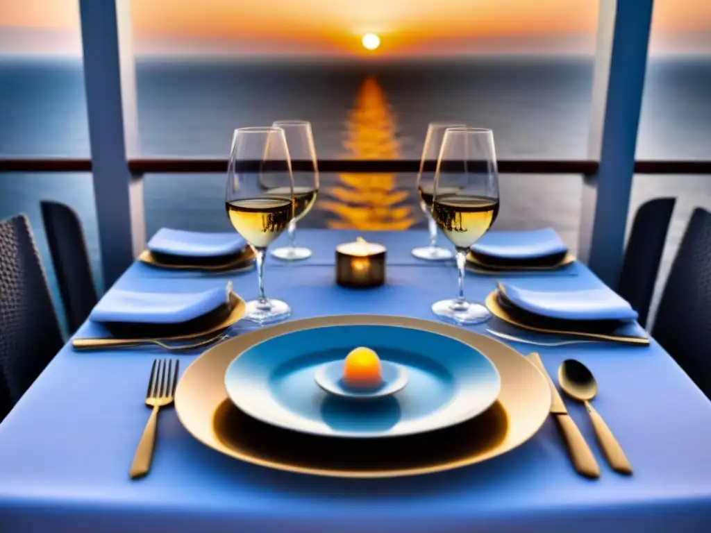 Mesa elegante en cubierta de crucero al atardecer, con vajilla fina y vela encendida