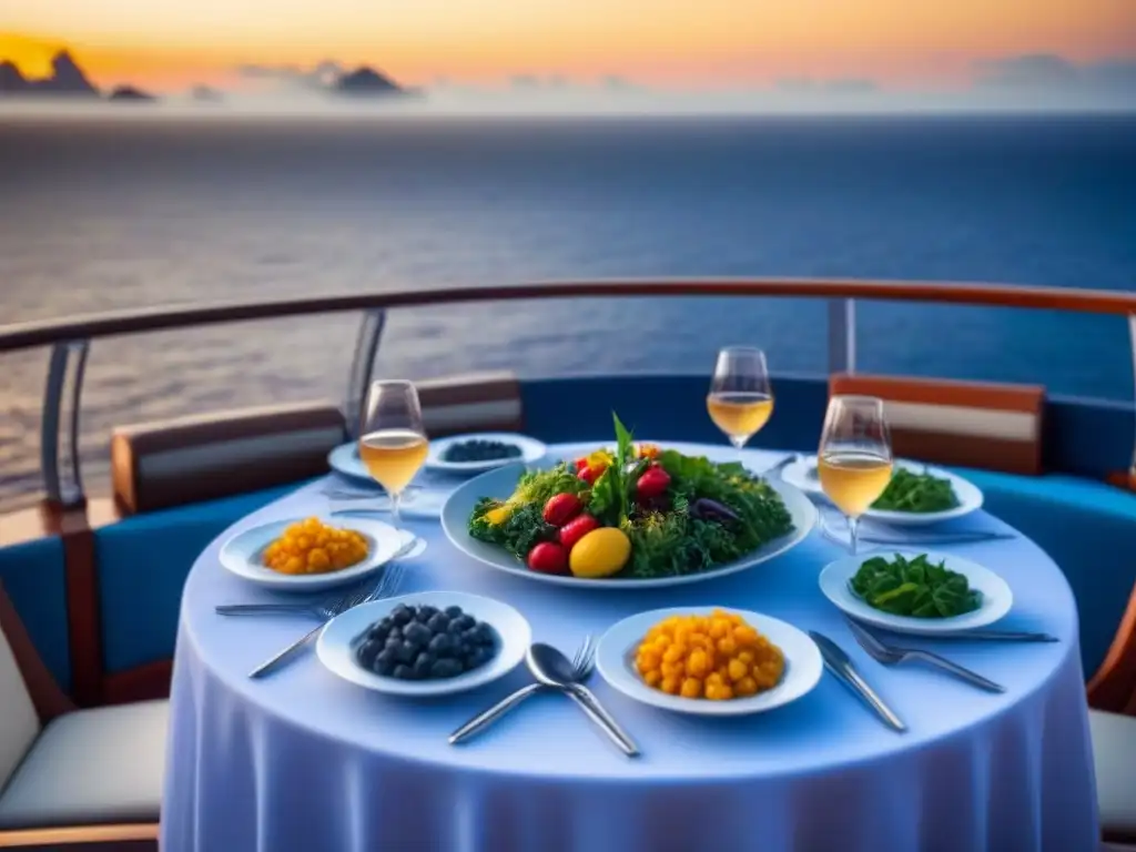 Una mesa elegante en cubierta de crucero con platos sostenibles y vista al mar al atardecer