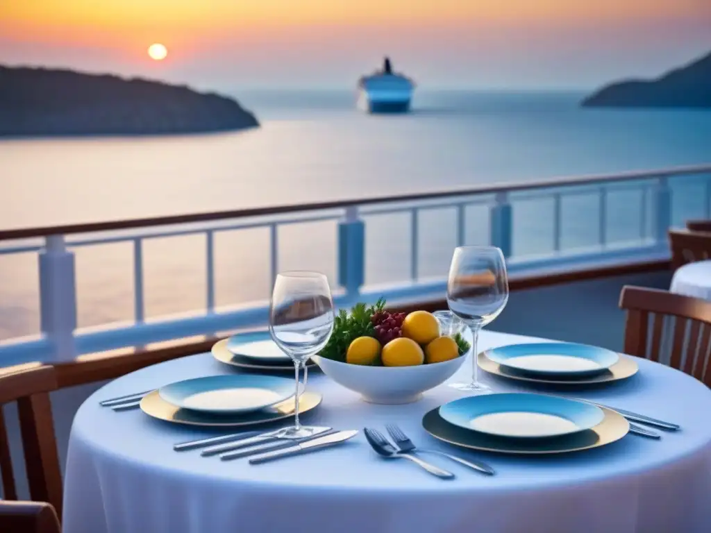 Una mesa elegante en cubierta de crucero, con vista al mar al atardecer