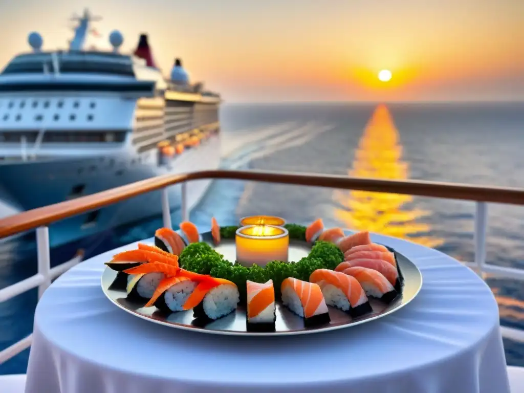 Una mesa elegante con gastronomía tradicional en cruceros, al atardecer en cubierta