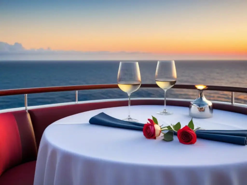 Una mesa elegante y serena en la cubierta de un crucero, lista para maridajes vinos cenas crucero en el atardecer sobre el mar