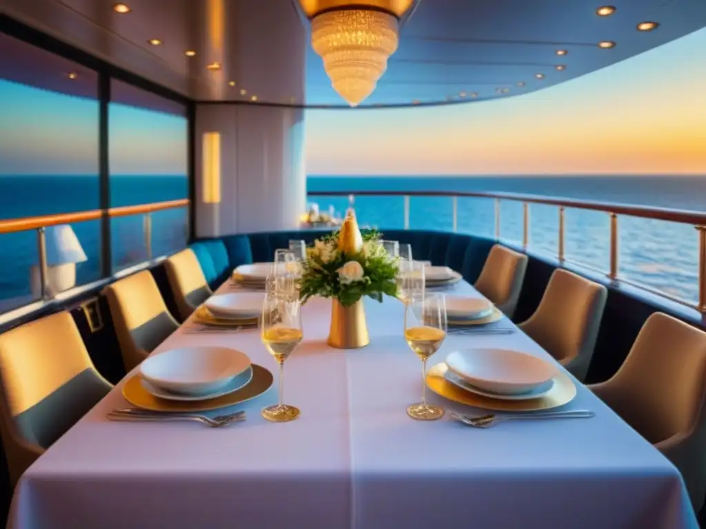 Una mesa de lujo en cubierta de crucero al atardecer con exquisita gastronomía internacional