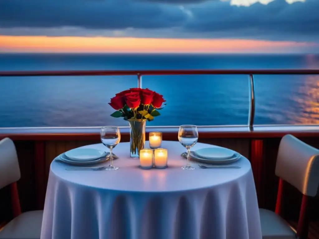 Una mesa romántica para dos en un crucero de lujo, con vela, fina vajilla y una rosa roja