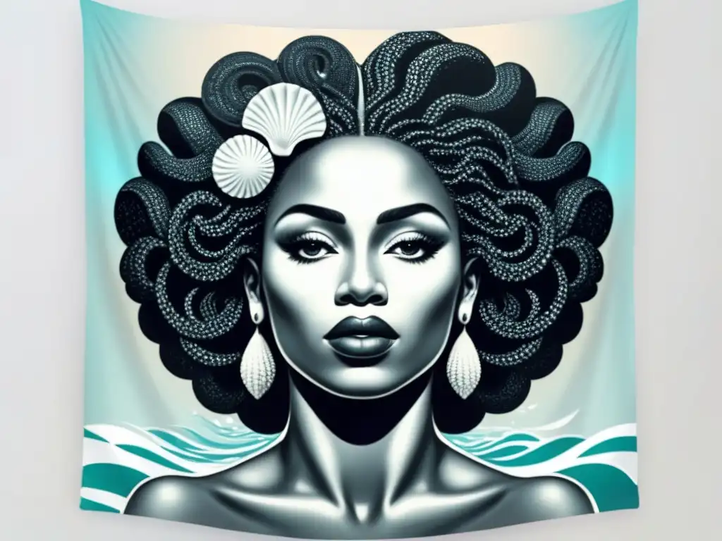 Ilustración minimalista en blanco y negro de la Diosa Yemayá de la mitología afrocubana, con ondas y conchas en su cabello, irradiando gracia y poder