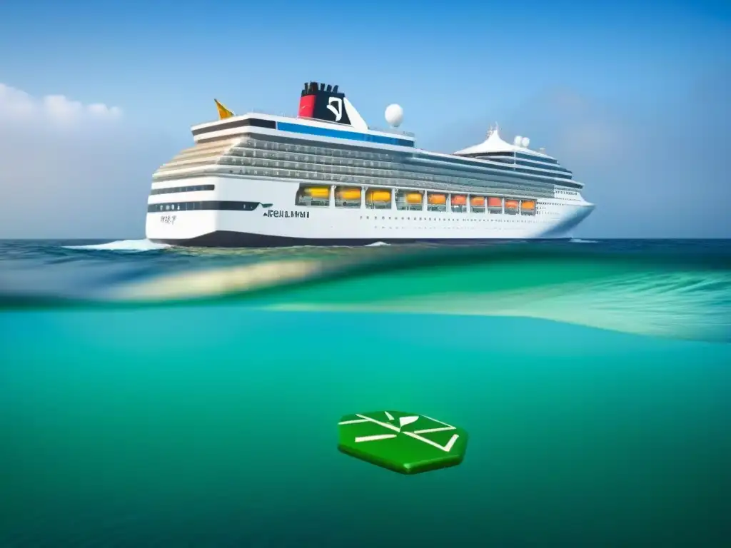 Ilustración minimalista de un crucero rodeado de símbolos de reciclaje, transmitiendo reciclaje completo en cruceros