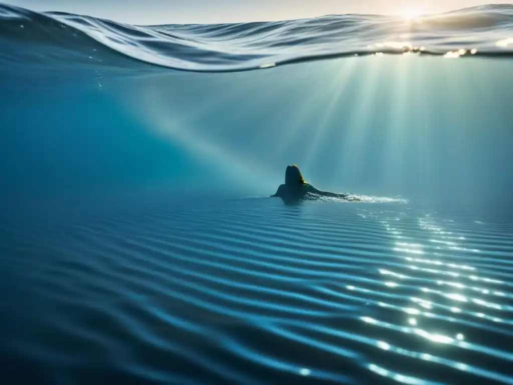 Ilustración minimalista del misterio del mar en azul profundo, con elegantes sirenas en silueta entre las olas