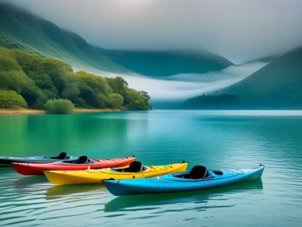 Ilustración minimalista de la evolución del kayak y paddleboarding desde diseños tradicionales hasta versiones modernas, en un lago sereno con montañas al fondo