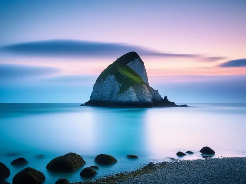 Fotografía minimalista en paisajes marinos: Mar tranquilo con cielo pastel y formación rocosa simétrica