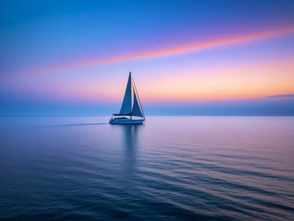 Fotografía minimalista en paisajes marinos: Amanecer sereno con un mar tranquilo reflejando los tonos pastel del cielo