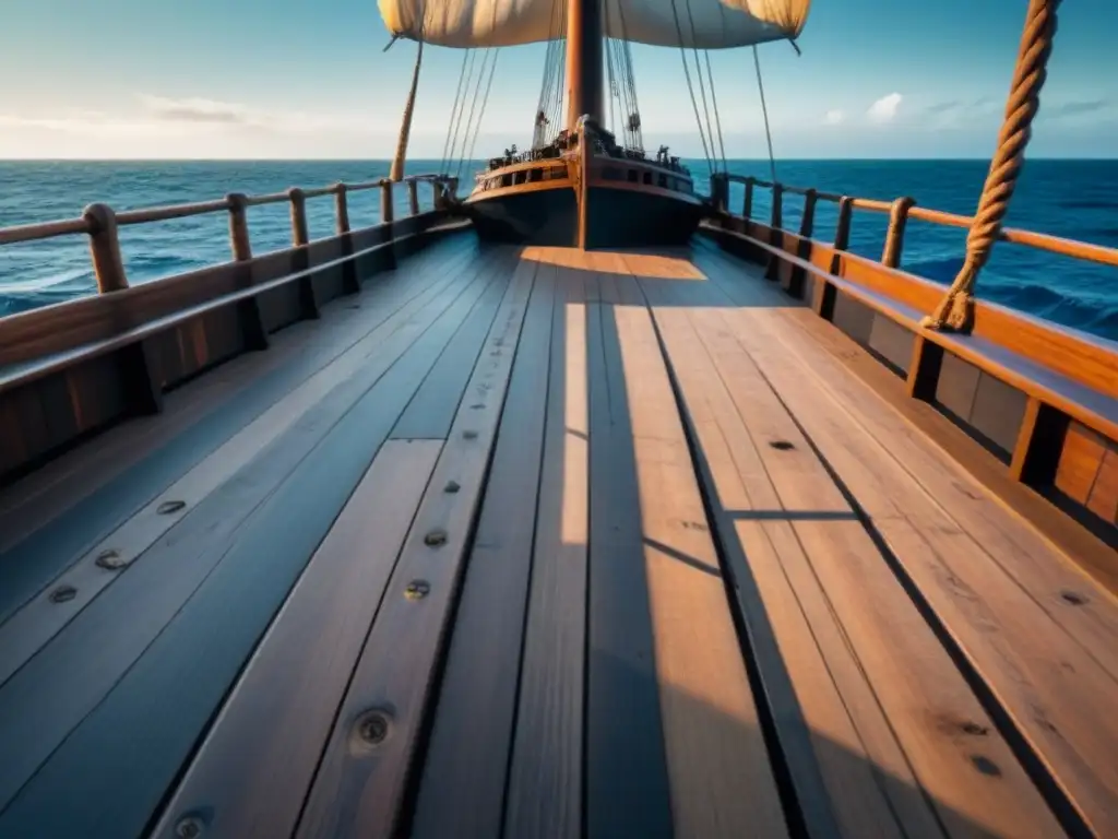 Misterio del barco Mary Celeste: cubierta desierta y silenciosa con madera desgastada, velas rasgadas y bodegas vacías, en un océano vasto y calmado