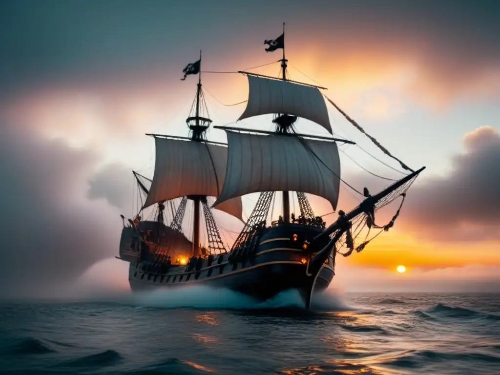 Un misterioso barco pirata emergiendo de la neblina al atardecer, resaltando la leyendas marítimas cultura popular