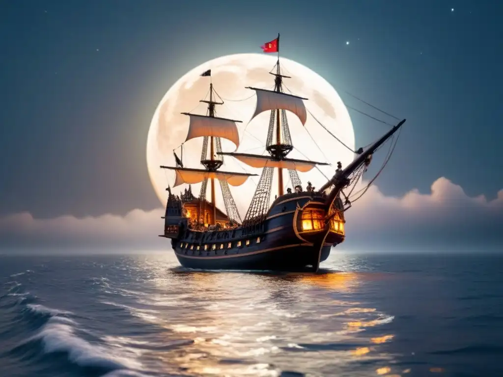 Nave pirata majestuosa en noche estrellada Un misterioso crucero temático de leyendas marítimas surcando el mar bajo un cielo estrellado