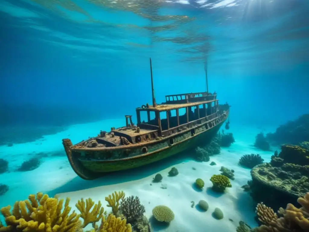 Misterioso naufragio rodeado de arrecifes de coral, detalle de artefactos bajo el agua