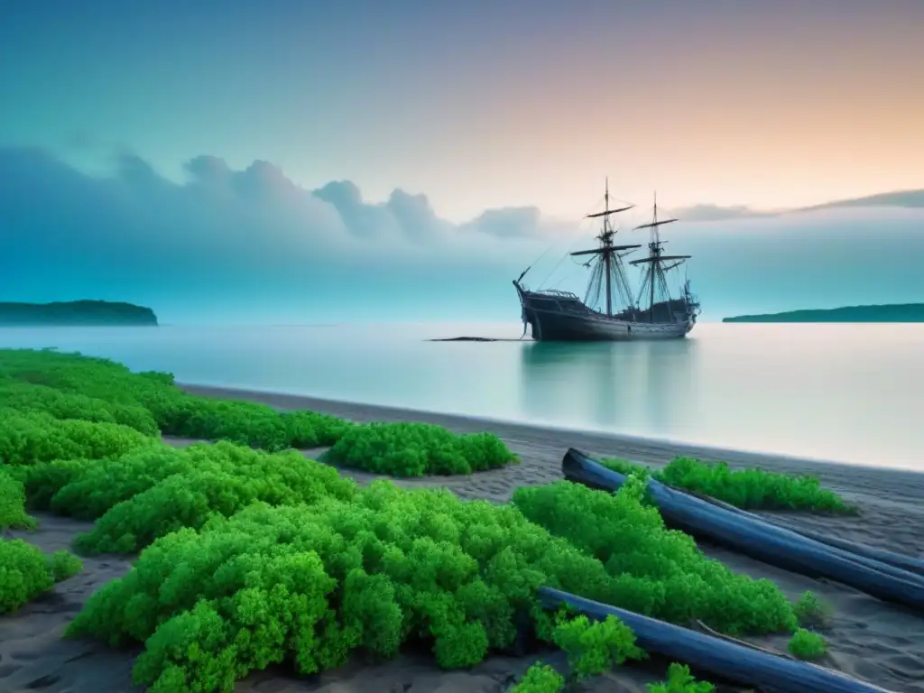 Un misterioso paisaje costero al atardecer con un barco solitario frente a la costa, evocando la Colonia Perdida Roanoke turismo marítimo