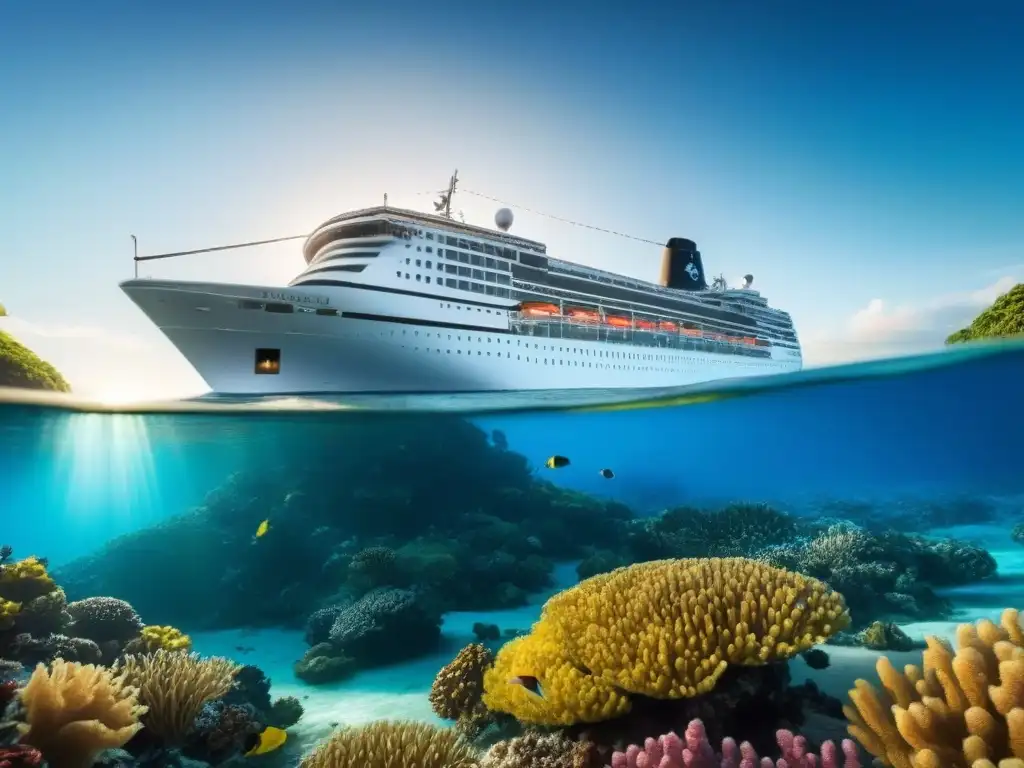 Naufragio submarino: coral y peces en un juego de luces Misteriosos cruceros perdidos en el turismo marítimo: un naufragio rodeado de corales y peces tropicales bajo la luz del sol en el fondo marino