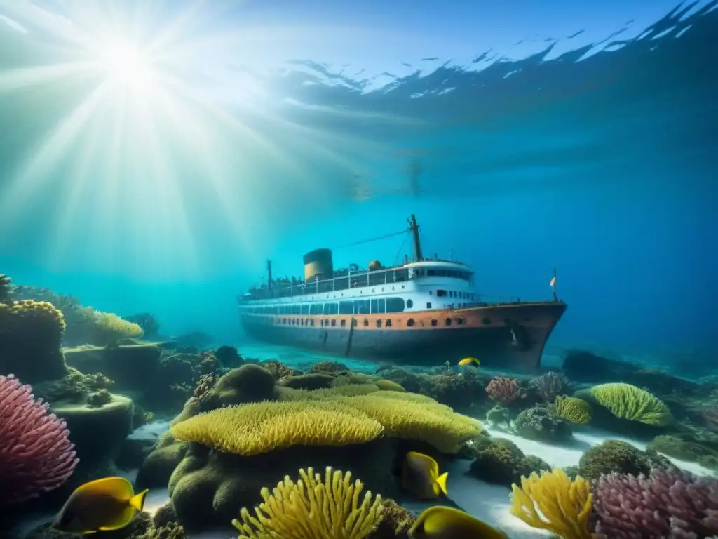 Misterioso naufragio: barco hundido y peces de colores Misteriosos cruceros perdidos en el turismo marítimo: un naufragio bajo el mar, rodeado de peces y algas coloridas