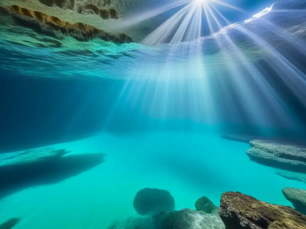 Explora la mística de un cenote subacuático con aguas turquesa cristalinas en esta fotografía submarina en cenotes