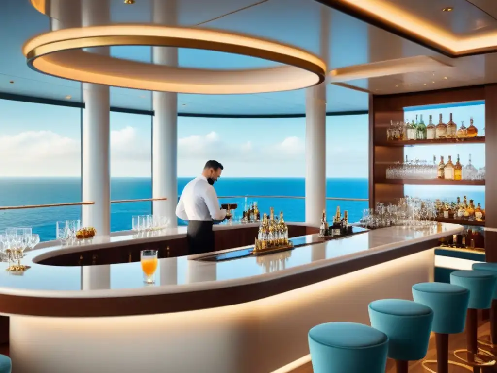 Mixología en cruceros de lujo: Bar elegante con bartender experto y botellas de licor premium en estantes de vidrio