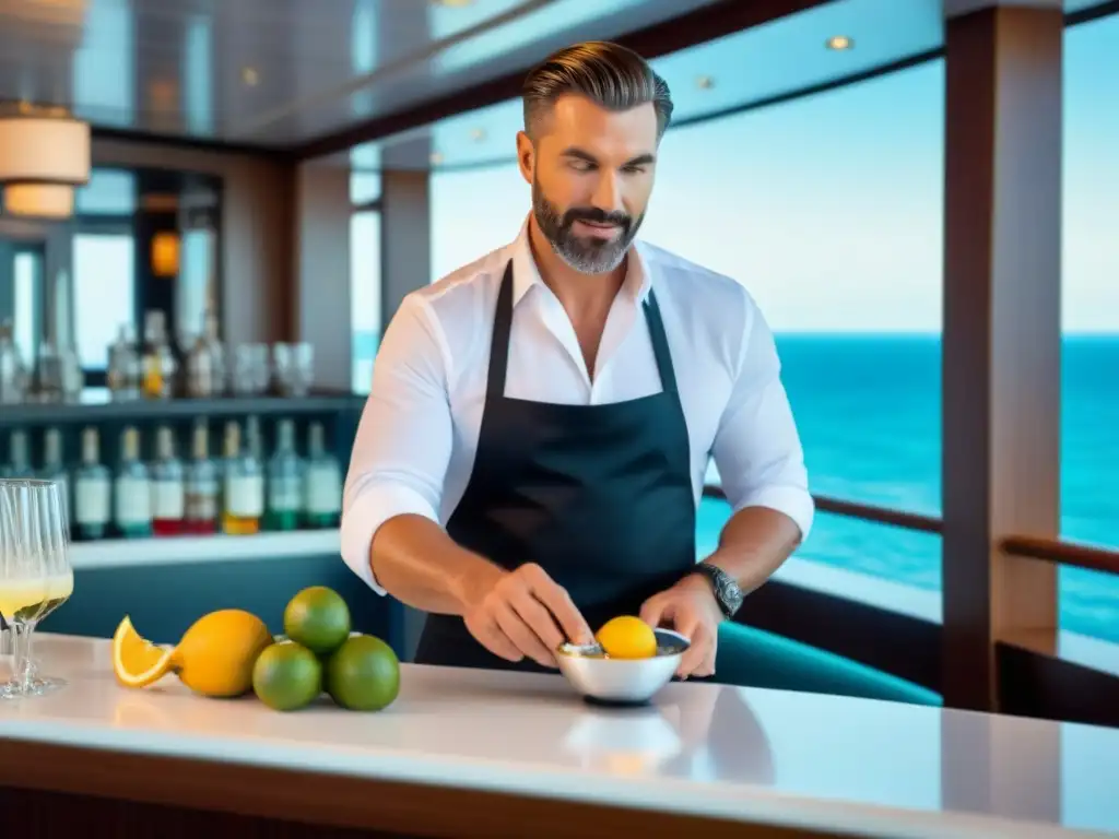 Un mixólogo preparando un cóctel en un elegante bar de crucero