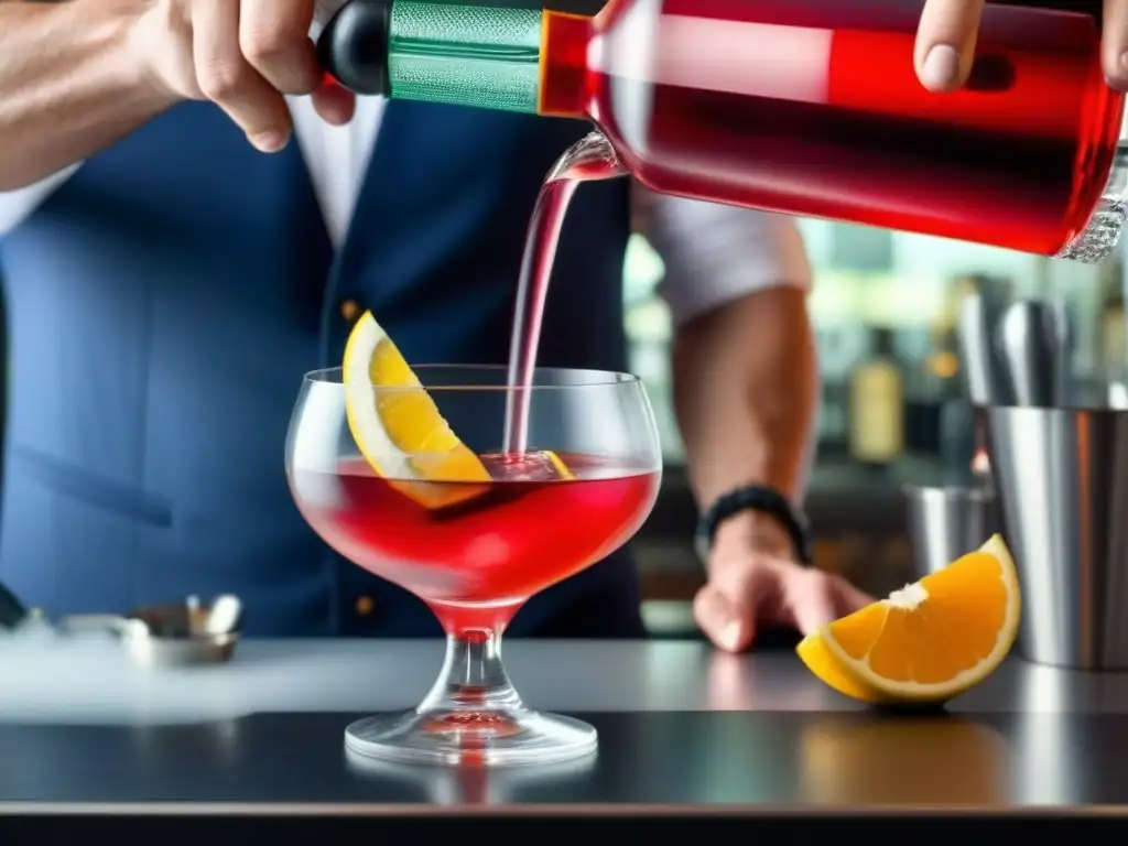 Un mixólogo vierte un cóctel rojo en un vaso de cristal, rodeado de herramientas de bar y un disco girando al fondo