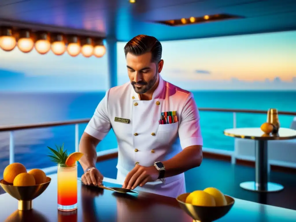 Arte en alta mar: mixólogo crea cóctel de lujo con maestría Un mixólogo experto elabora un cóctel colorido en un crucero de lujo al atardecer