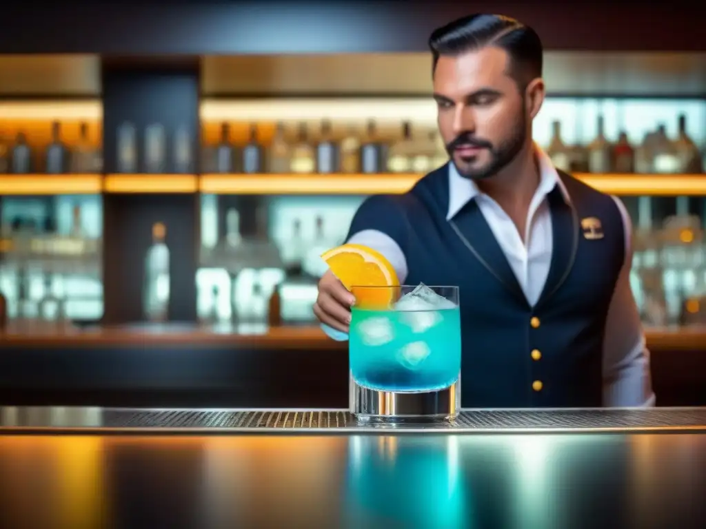 Un mixólogo experto prepara un cóctel colorido en un elegante bar de crucero