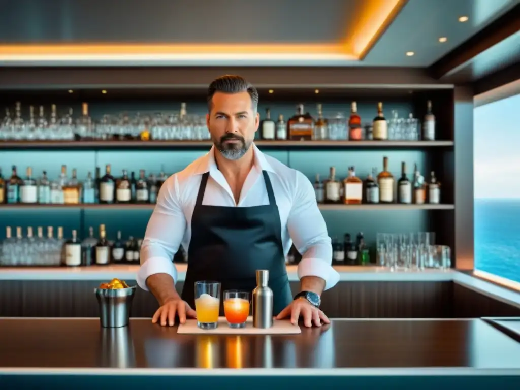 Bar de crucero moderno: mixólogo crea cóctel premium con maestría Un mixólogo experto preparando un cóctel premium en un elegante bar de crucero